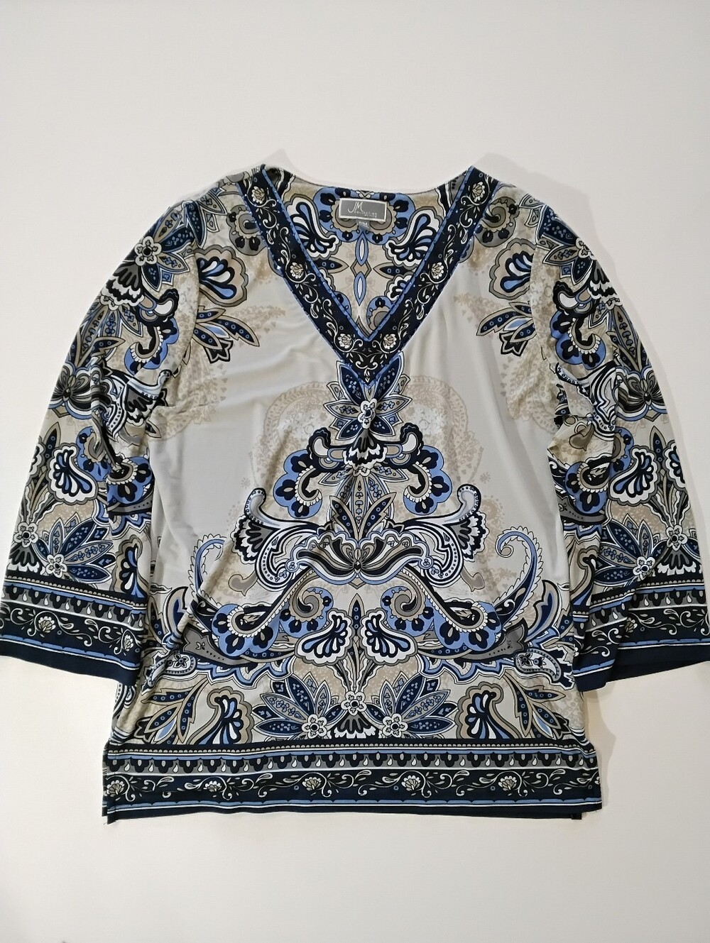 JM Collection Petite Blouse Womens PM Grey Blue Paisley Rhinestone Studded Neck